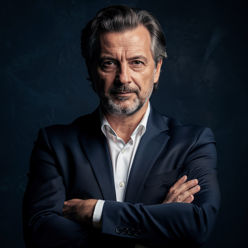 Portrait of a serious middle-aged Croatian writer in a dark blazer