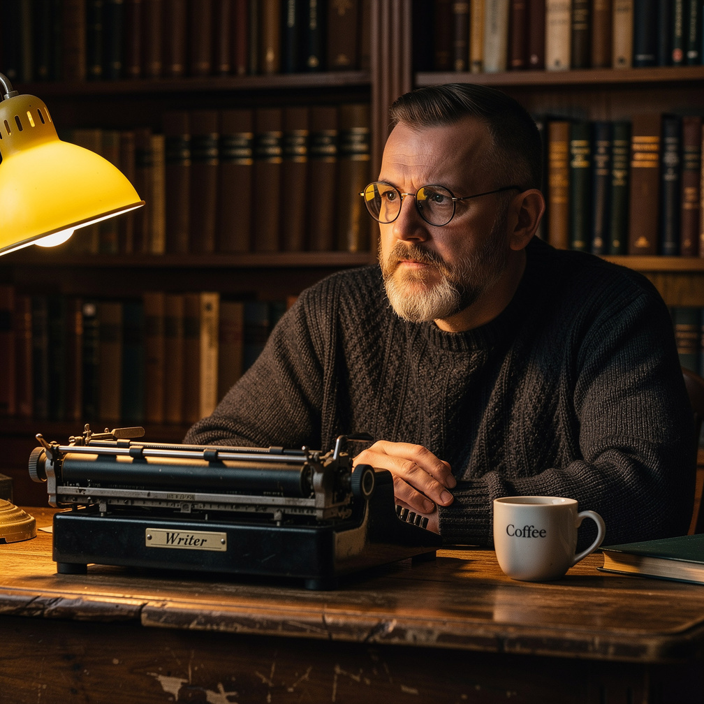 Croatian writer with glasses sitting at a wooden desk with a typewriter