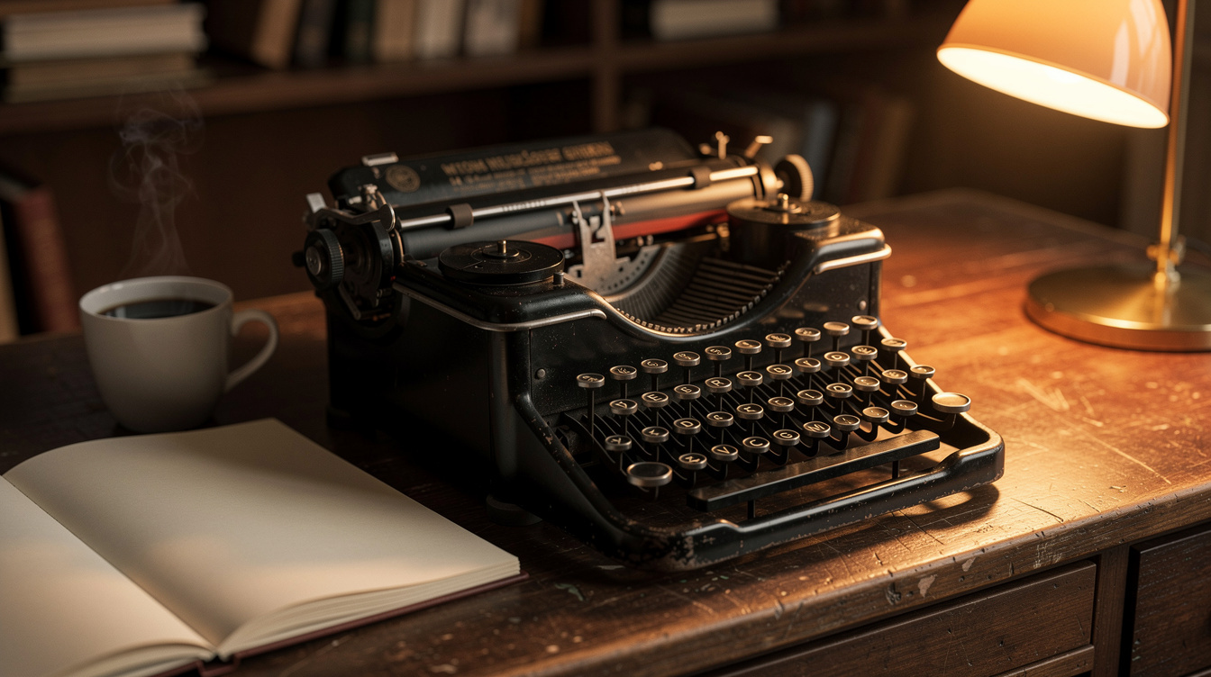 Vintage typewriter on a wooden desk with a notebook and coffee cup